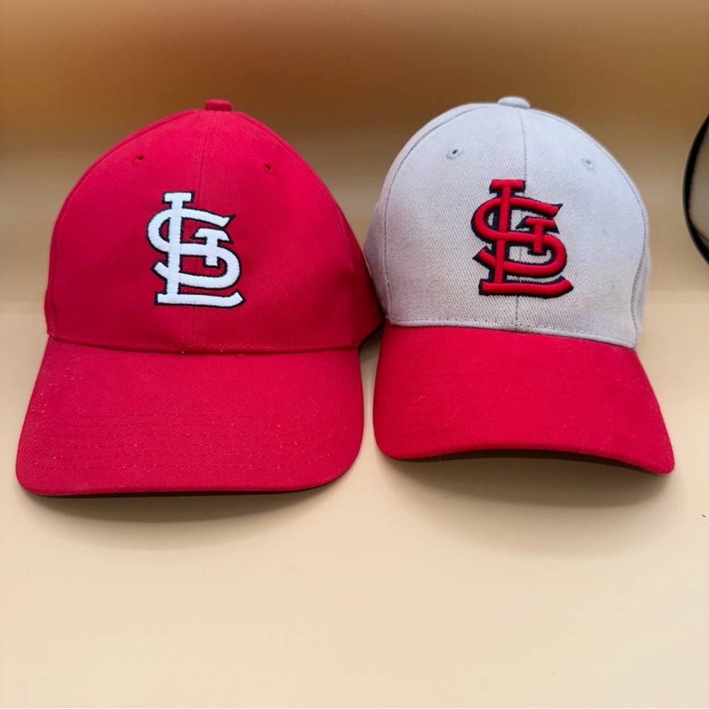 Two St. Louis Cardinals Red/White, Taupe/Red Baseball Caps, MLB, EUC